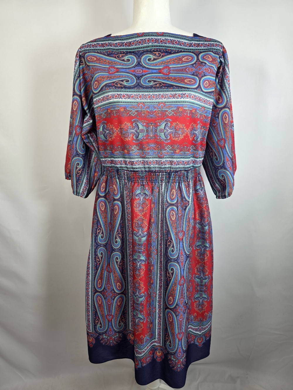 Vintage 70s Paisley Boho Midi Dress Red Blue Smocked Waist Prairie Festival Wome